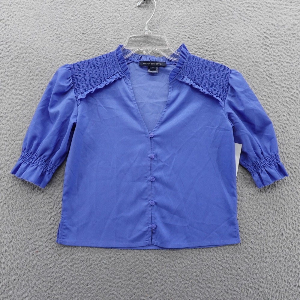 French Connection Periwinkle Blue Smocked Ruffle VNeck Blouse Size 0 NEW